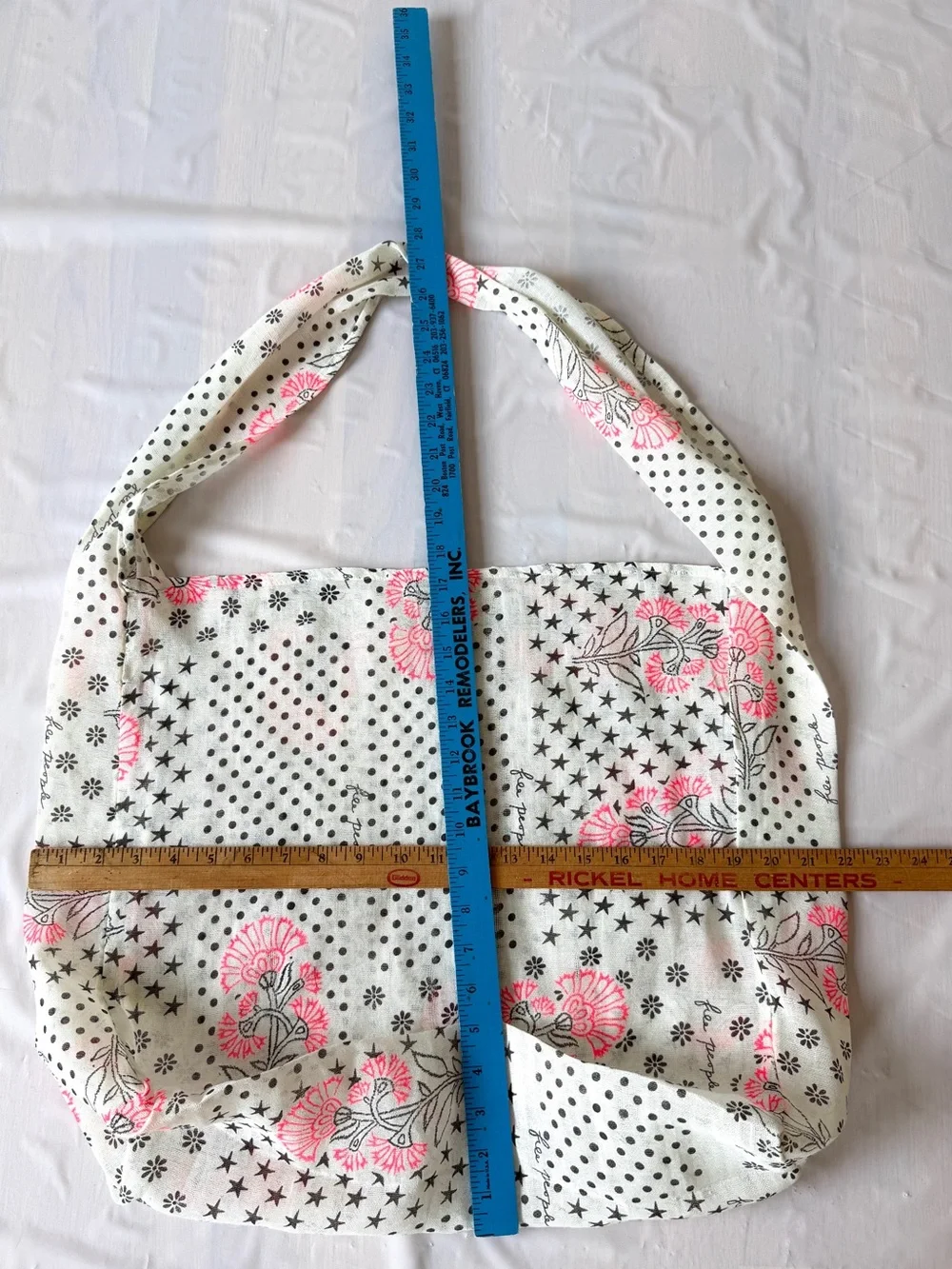 Free People Gauze Sling Tote Bag Polka Dot Floral Printed White Pink oversized